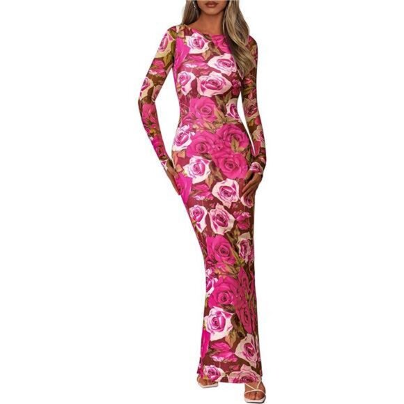 Bodycon Maxi Dress Long Sleeve Sexy Mesh Rose - Picture 1 of 7